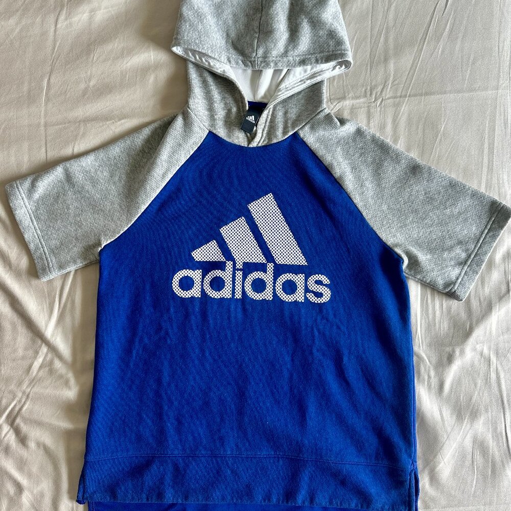 Adidas Women’s Short Sleeve Hoodie – Size Small – Blue & Gray Pullover Top